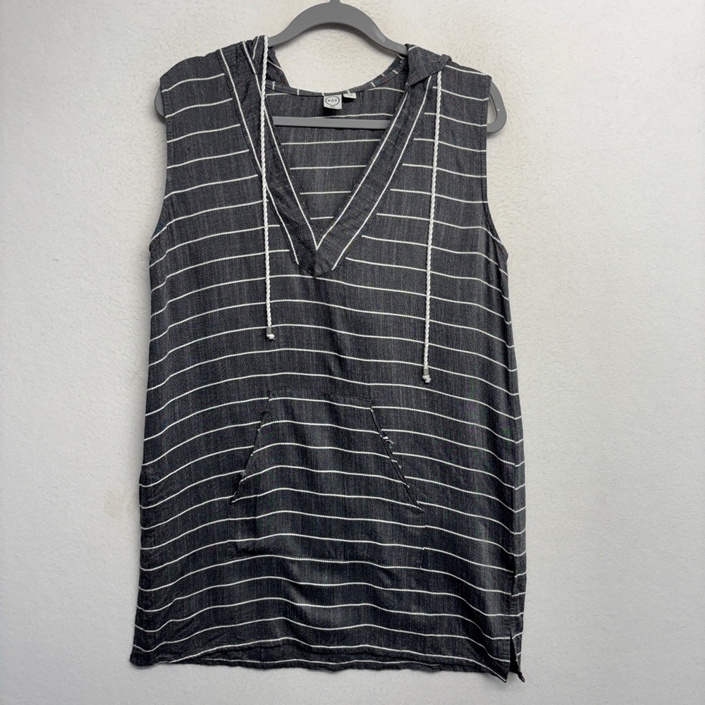 Koy‎ Resort L Stripe Swim Cover Up Gray Mini Dress Tunic Sleeveless Pocket